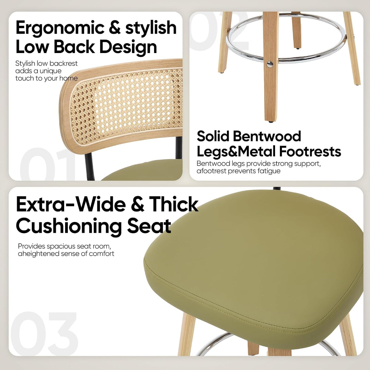 Rattan Bar Stools Set of 2,Upholstered PU Leather, 26‘’ Counter Height Barstools with Back and Wood Legs,360°Swivel,Mid-Century Modern Bar Stool for Kitchen Island Dining Room and Bar(Grass Green)
