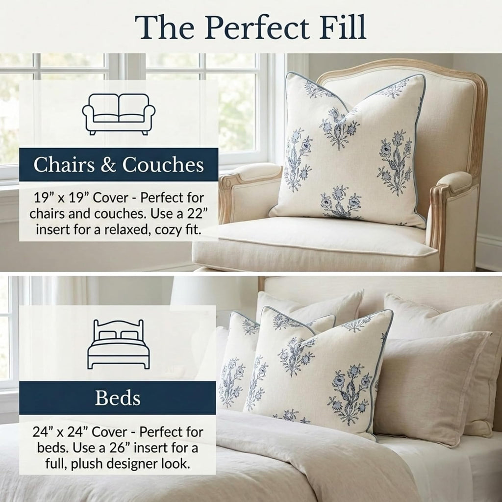 Jillien Harbor “The Mary” Blue and White Decorative Throw Pillow Cover – Floral Block Print Pillow Cover – Grandmillennial Home Decor, 19" x 19"