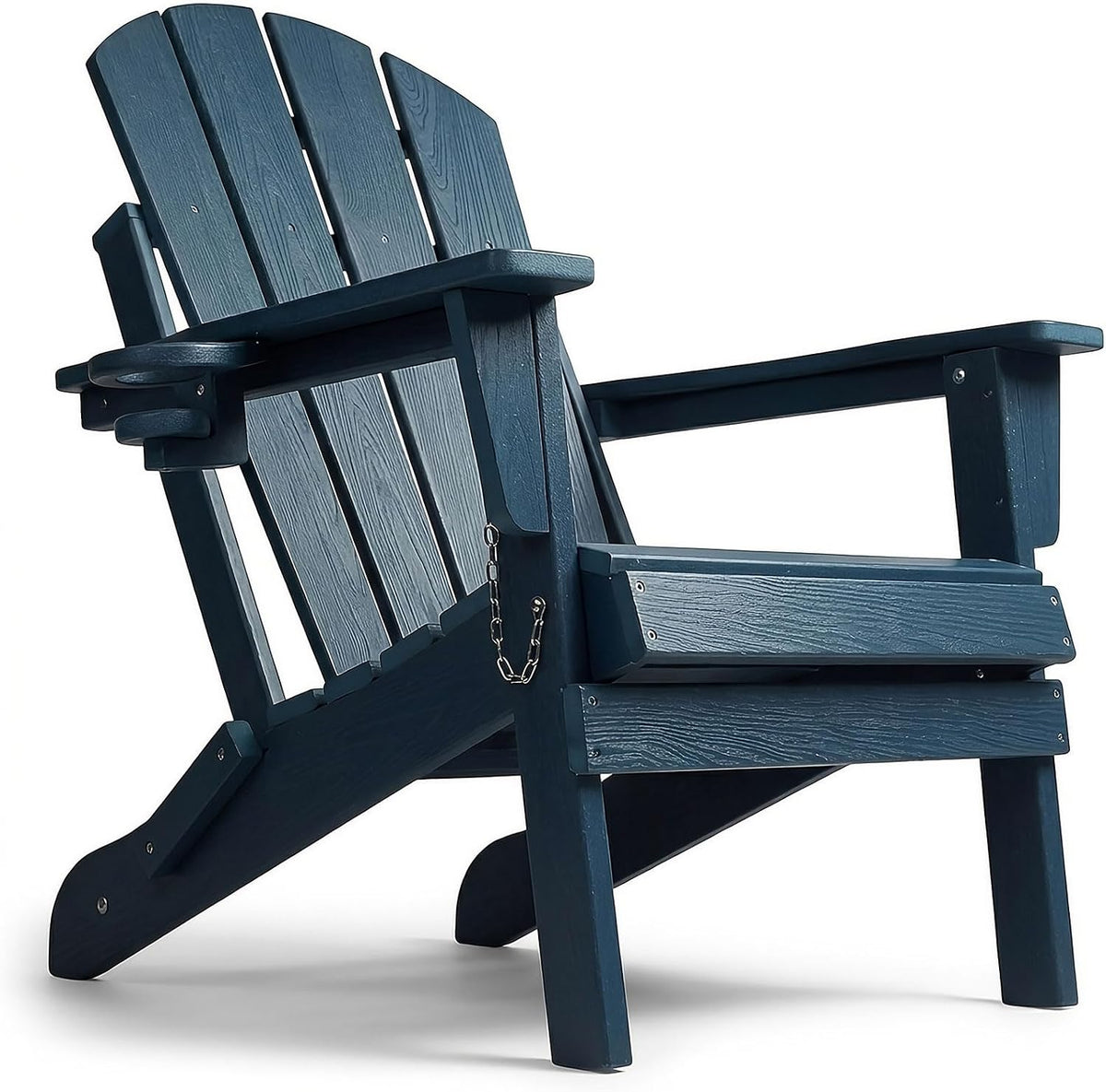 HDPE Adirondack Chair, Folding Outdoor Patio Chair with Cup Holder, Weather Resistant Wood Grain Lawn Chair for Backyard, Garden, Fire Pit, Deck, Navy Blue
