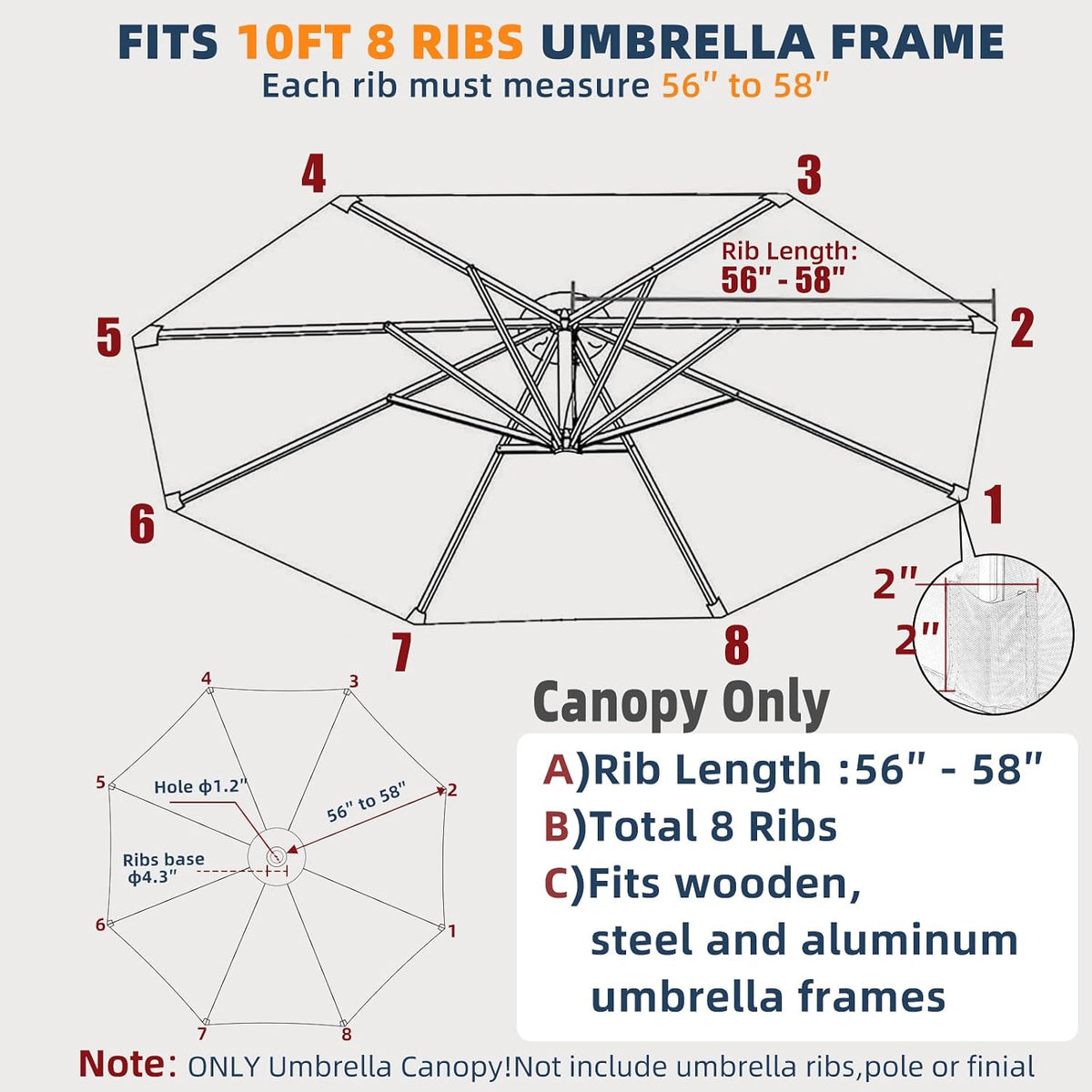 10ft Patio Umbrella Replacement Canopy for 8 ribs, Fits Hanging Offset Cantilever Market Outdoor Patio Shades，Canopy Only