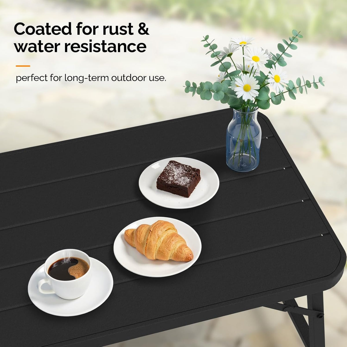VINGLI Outdoor Folding Coffee Table, Rectangle Drainable Iron Patio Table for Balcony, Porch, and Living Room, Black