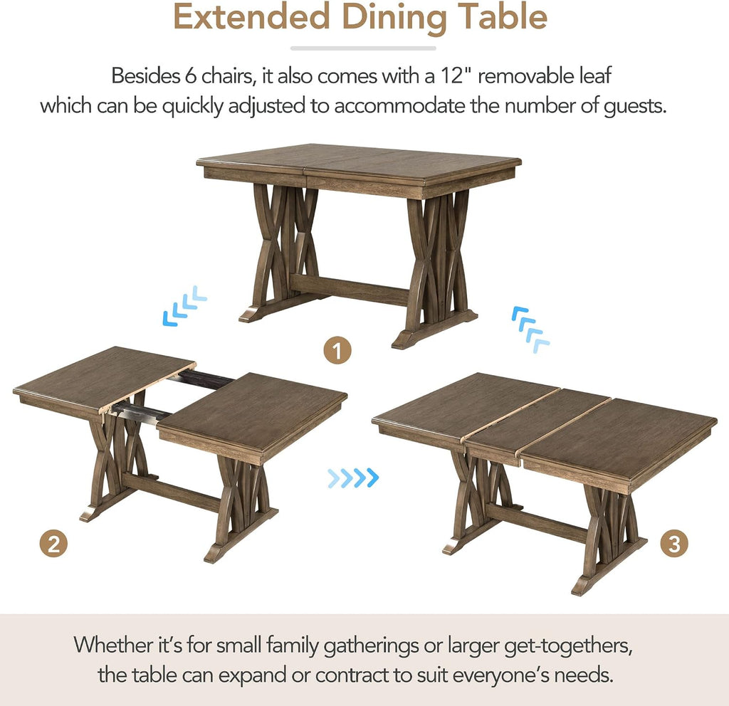 Mid-Century Extendable Dining Table Set for 6, Solid Wood 7-Piece Dining Table Set with 6 Upholstered Chairs and 12" Leaf, Home Breakfast Kitchen Dining Room Set for 6, Retro X Cross Trestle Base