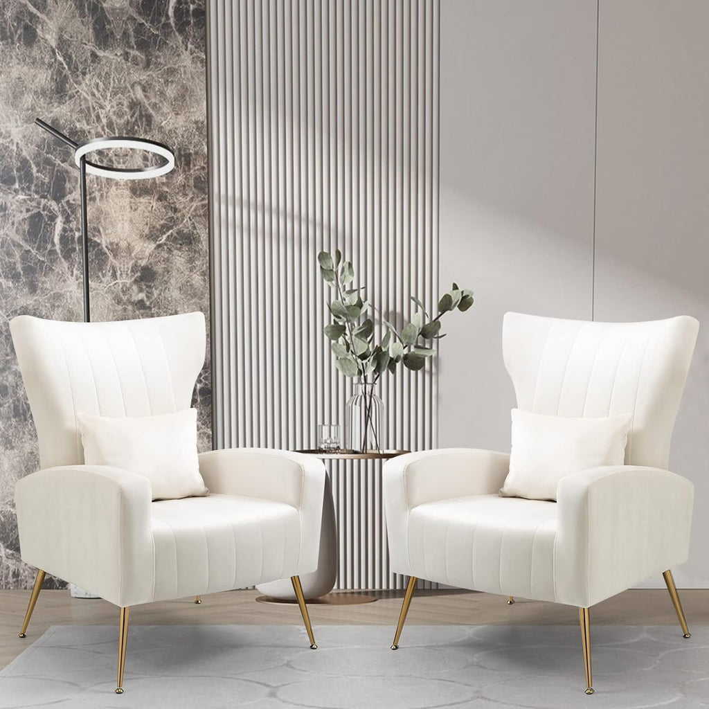 Velvet Accent Chair for Living Room Bedroom, Modern Arm Chair with Wingback & Gold Metal Legs, Lumbar Pillow Included, White