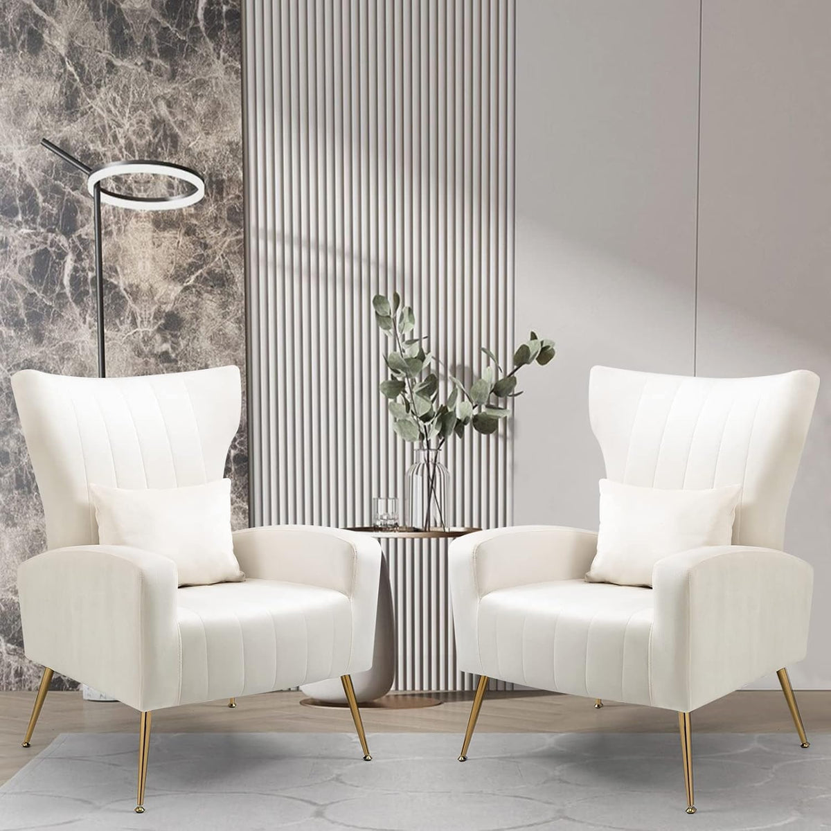 Velvet Accent Chair for Living Room Bedroom, Modern Arm Chair with Wingback & Gold Metal Legs, Lumbar Pillow Included, White