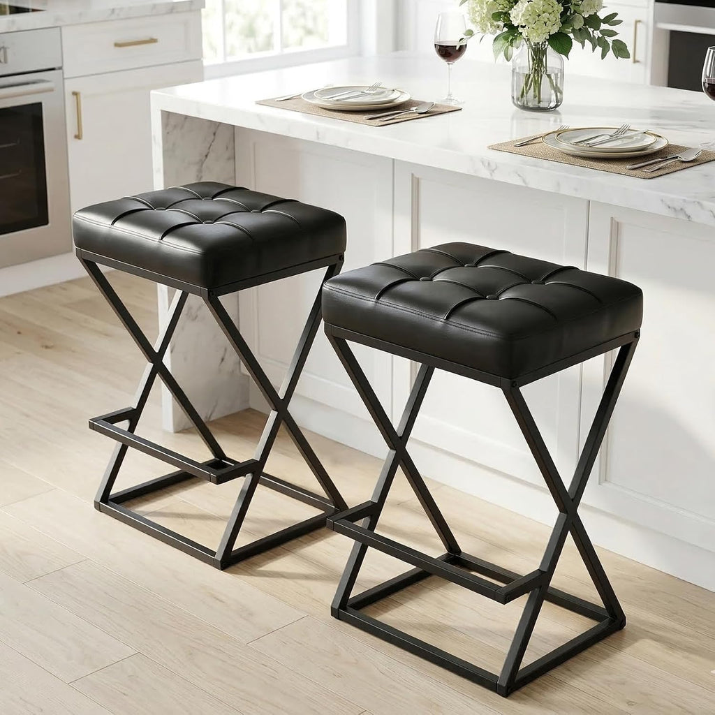 Bar Stools Set of 2, 26 Inch Counter Height Stool Faux Leather Black