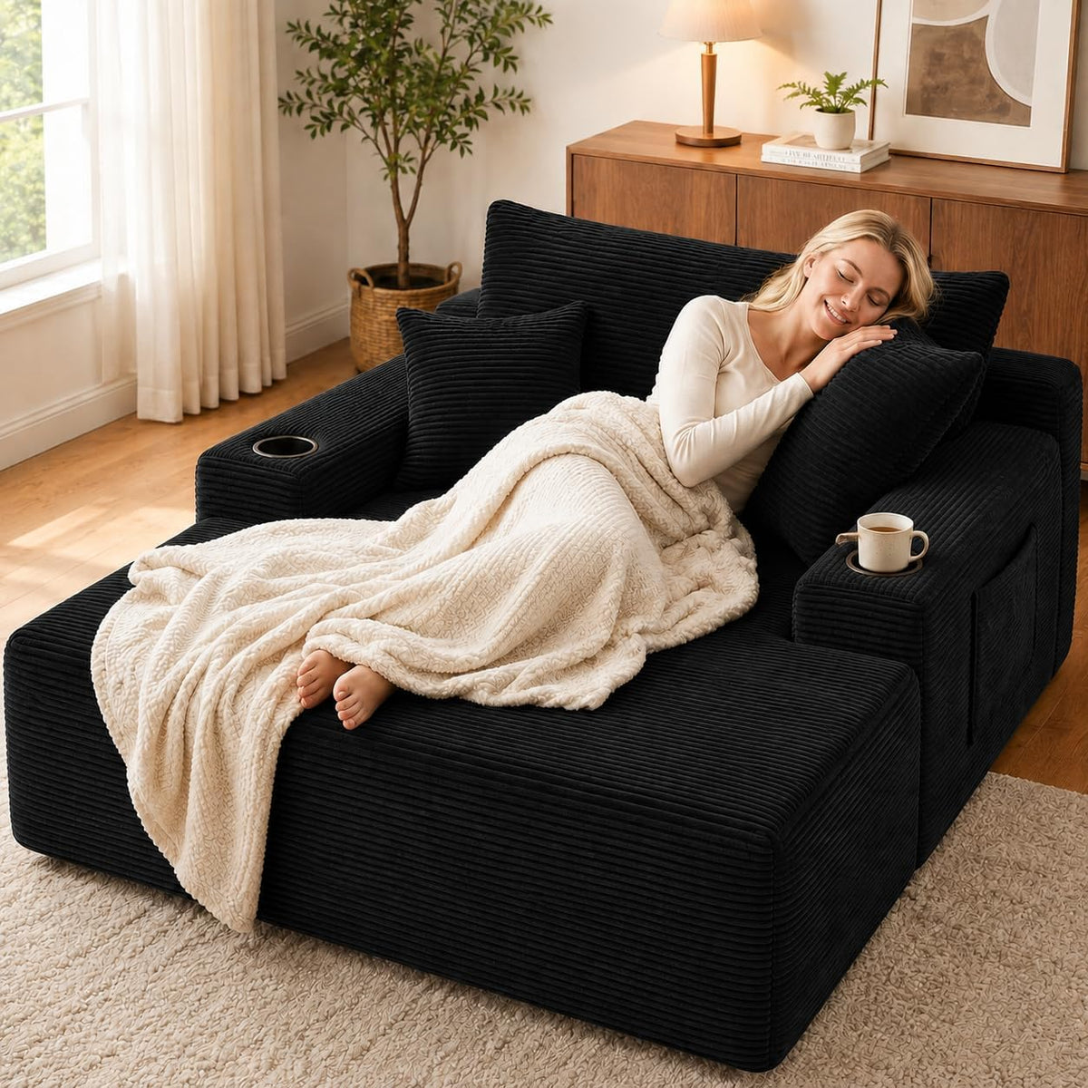 67" Oversized Chaise Lounge Chair Indoor, Corduroy Cloud Couch with 3 Pillows, Deep Seat Sleeper Sofa, No Assembly Required, Comfy Reading Chair for Living Room/Bedroom (Black)
