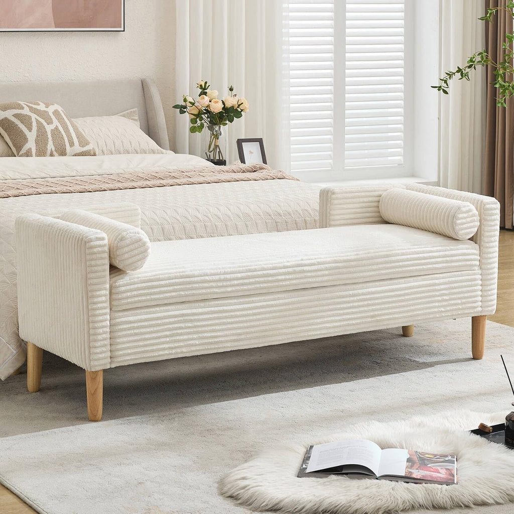 NIOIIKIT 65" Corduroy Upholstered Storage Ottoman Bench with Pillows White