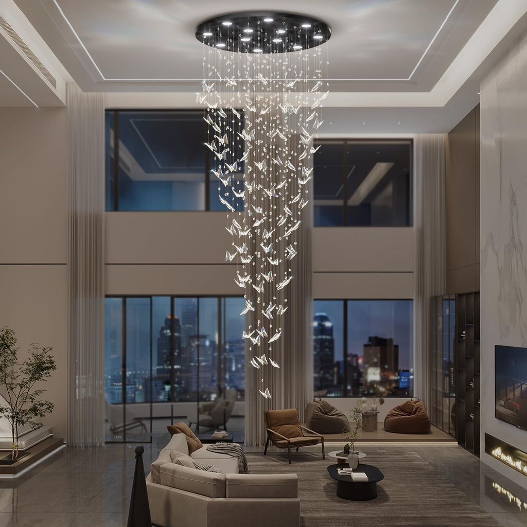 ykolupty H102 High Ceiling Chandelier Modern Crystal Chandeliers Raindrop Chandelier for Staircase Foyer Entryway Living Room Dimmable 3000-6000K (Black Chandeliers)