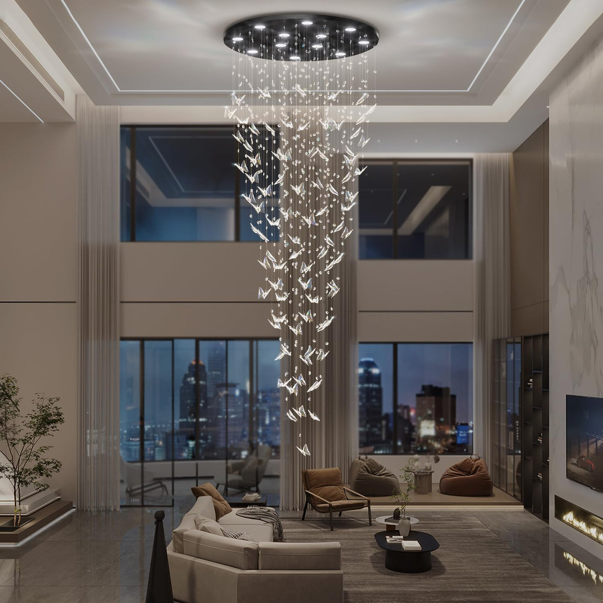 ykolupty H102 High Ceiling Chandelier Modern Crystal Chandeliers Raindrop Chandelier for Staircase Foyer Entryway Living Room Dimmable 3000-6000K (Black Chandeliers)