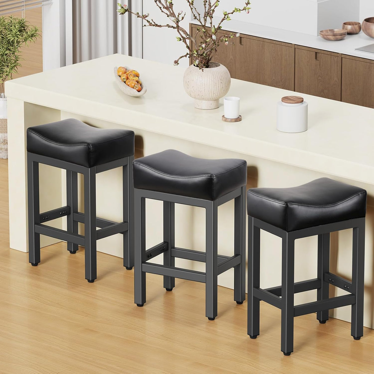 Raynesys 24 Inche Bonded Leather Counter Height Bar Stools Set of 3 Square