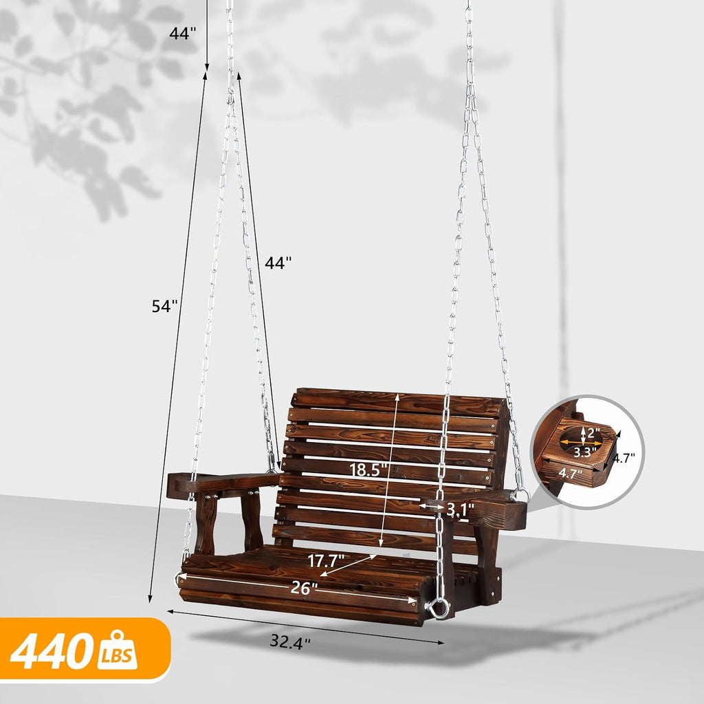 VINGLI 440 LBS Heavy Duty 1-Person Wooden Porch Swing, Rustic