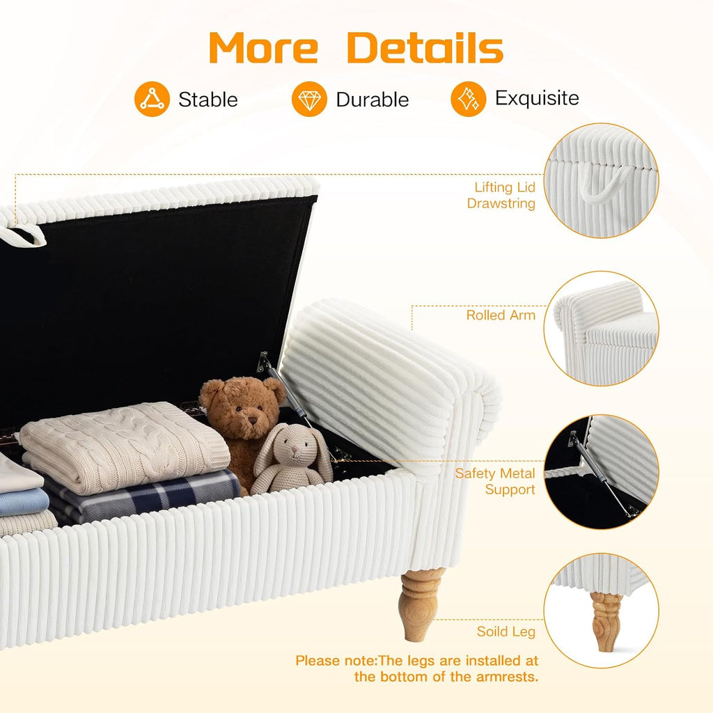 55" Storage Ottoman Bench, Corduroy End of Bed Bench for Bedroom, White