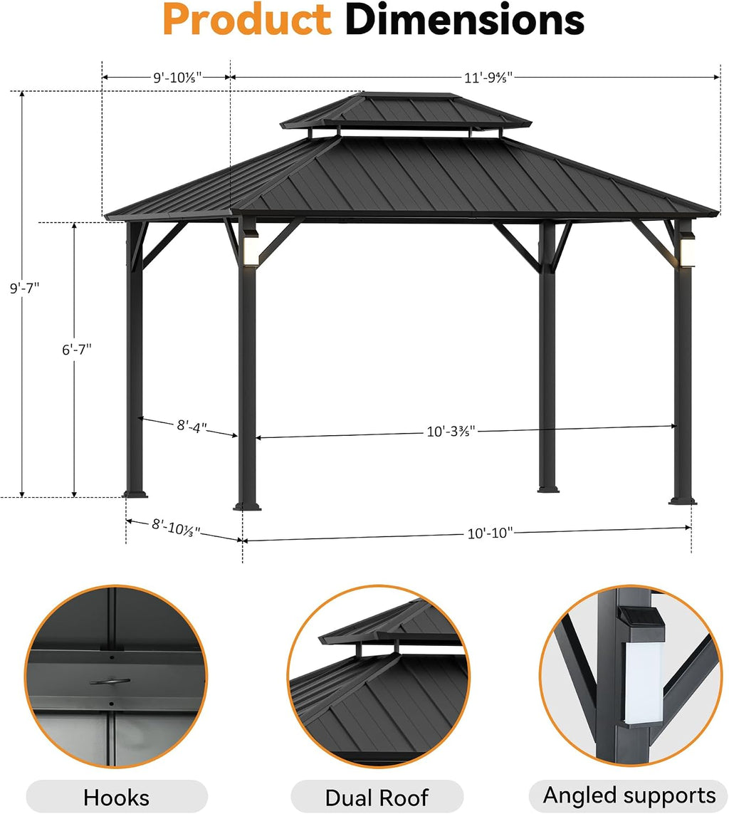 Modern Shade Hardtop Gazebo 10x12 with 4 LED Lights for Backyard, Black
