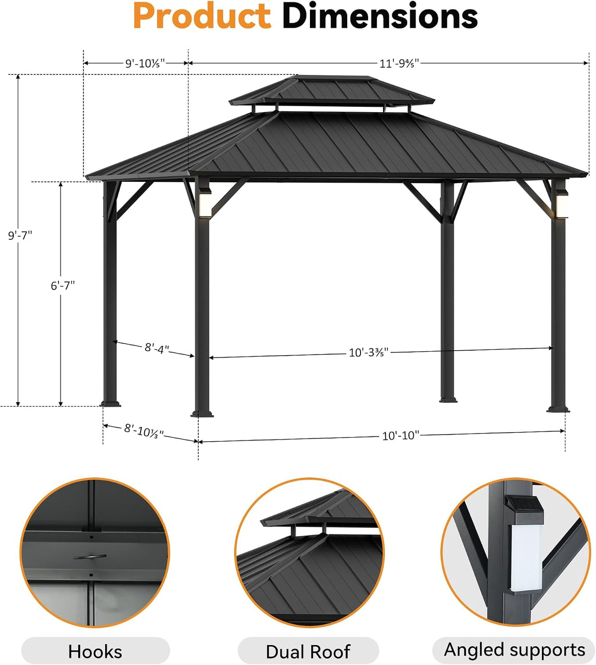 Modern Shade Hardtop Gazebo 10x12 with 4 LED Lights for Backyard, Black