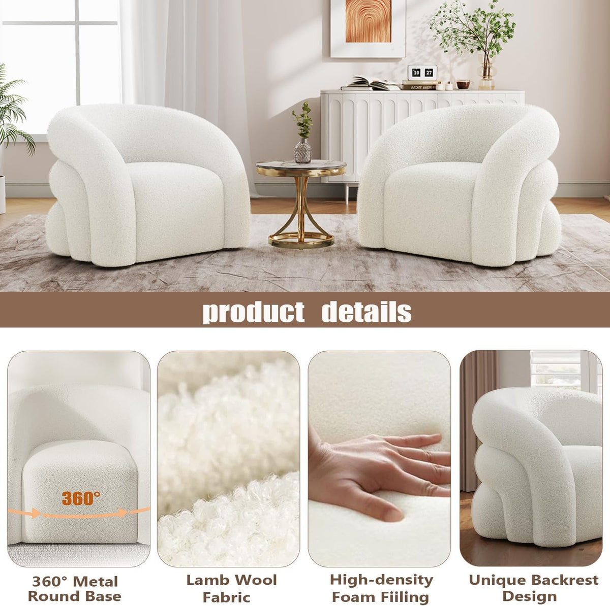 360° Swivel Accent Chair, Teddy Sherpa Barrel Chairs,No Assembly Required