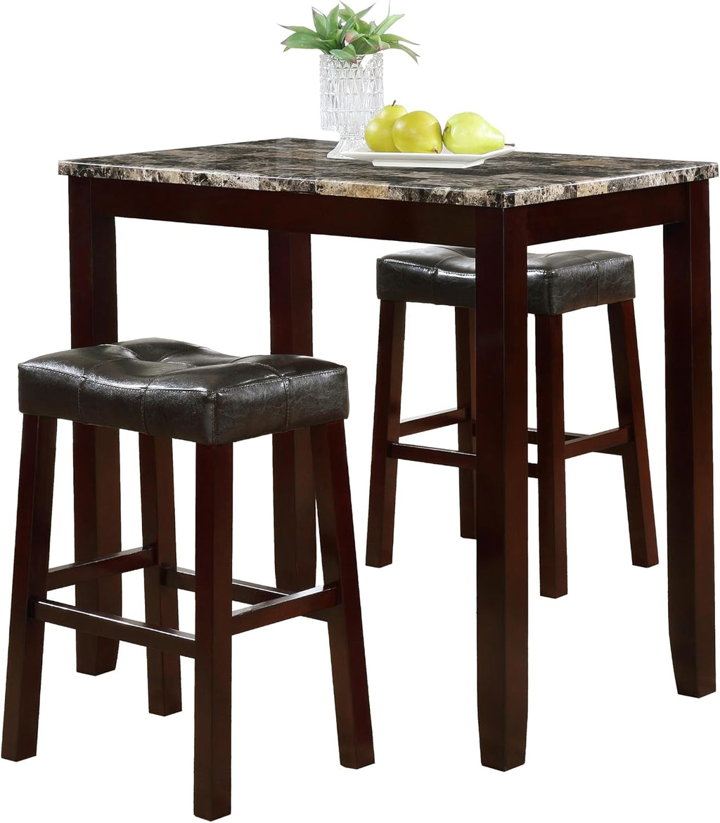 Roundhill Furniture 3-Piece Counter Height Glossy Print Marble Breakfast Table with Stools, brown