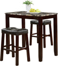 Roundhill Furniture 3-Piece Counter Height Glossy Print Marble Breakfast Table with Stools, brown