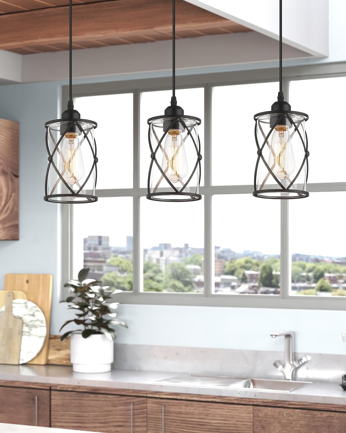 glass pendant lights kitchen island 2 pack, black showing dimensions