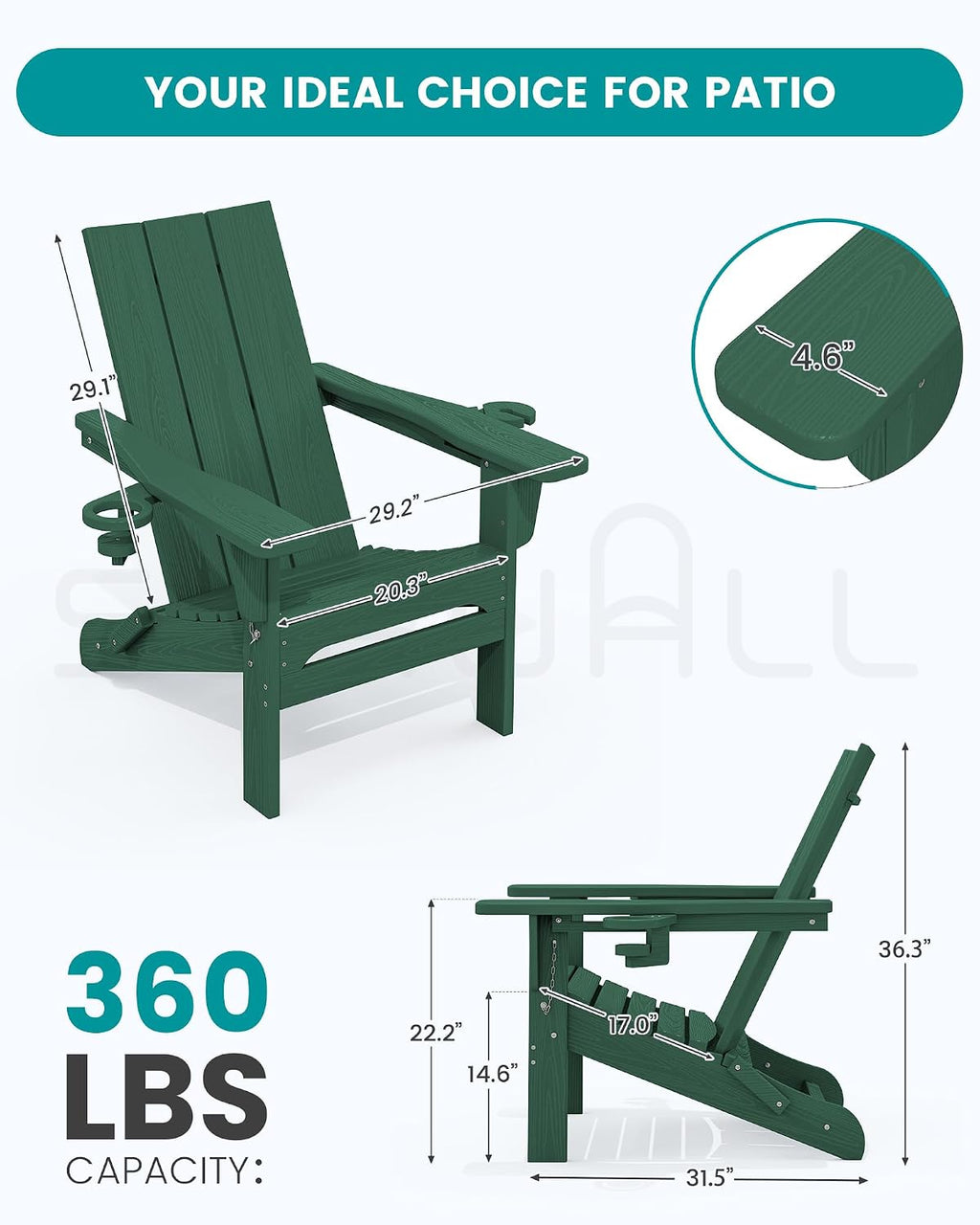 SERWALL Modern Folding Adirondack Chairs Set of 2, HDPE, Cup Holders, Green