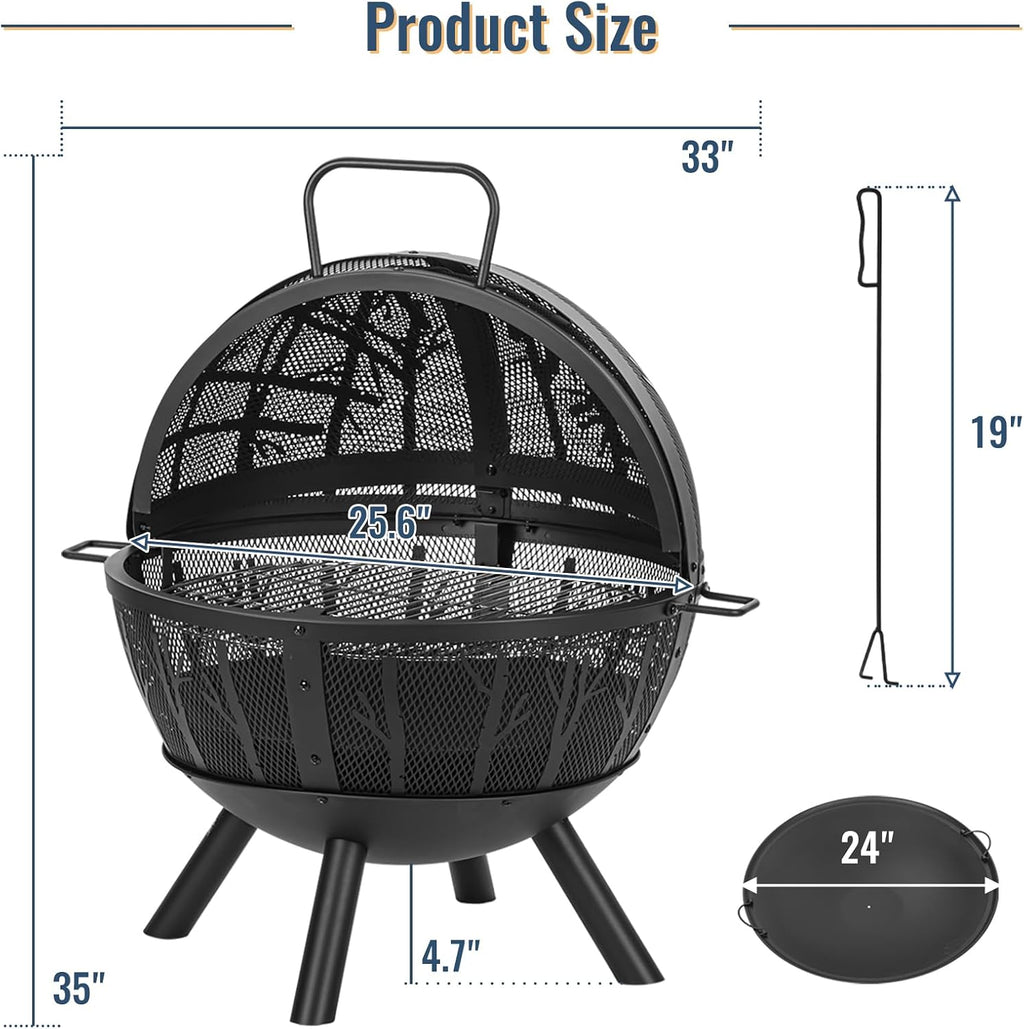 Panovue 35 Inch Wood Burning Fire Pit with BBQ Grill, Heavy Duty Fire Pits