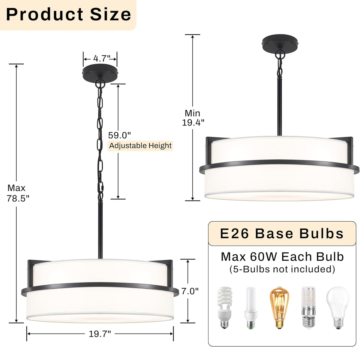 19.7" Black Drum Chandelier, Drum Pendant Light with White Linen Shade