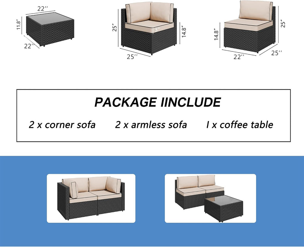 Shintenchi 5 Piece Outdoor Patio Furniture Set with Black PE Rattan, Khaki