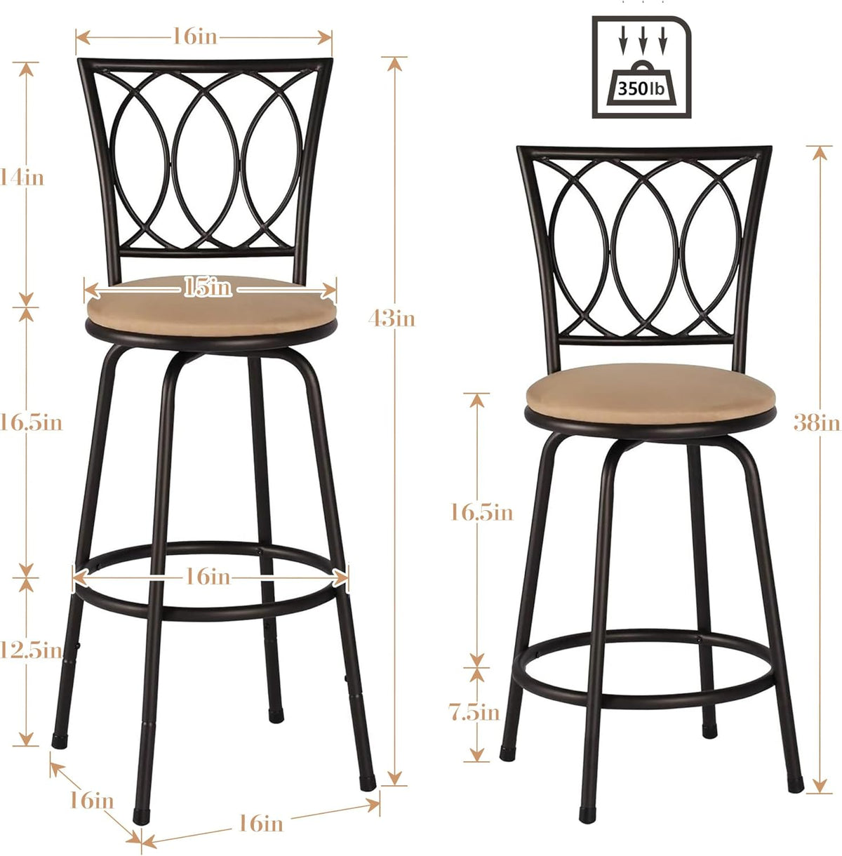 VECELO Bar Stools, 24/29" Adjustable Barstool,Swivel Counter Stool with Upholstered Seat,Steel Bistro Pub Chairs, Curved Line Backrest, Set of 2