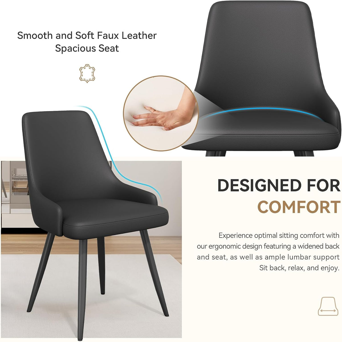 Faux Leather Chairs Set of 4, Waterproof Padded Seat,Black
