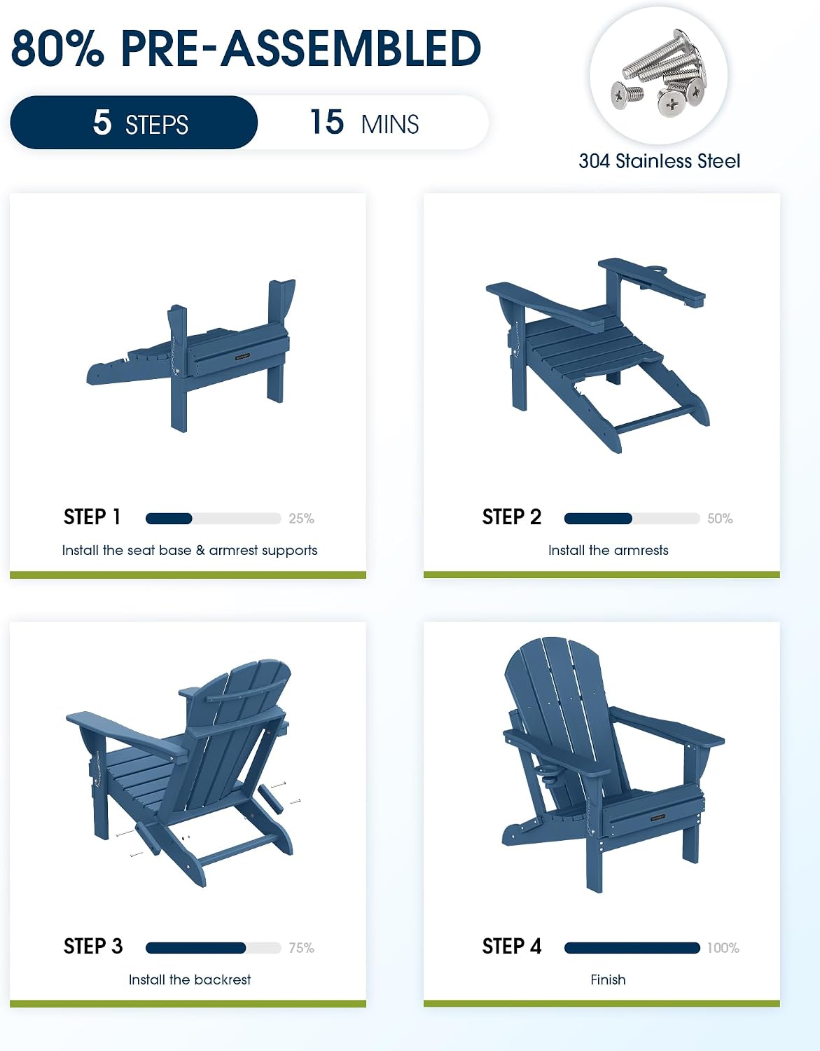 MUCHENGHY Folding Adirondack Chairs Set 4, HDPE for Fire Pit, Navy Blue (Set of 4)