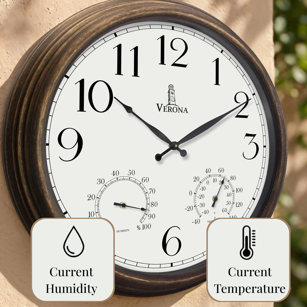 Large Outdoor Clocks for Patio Waterproof with Thermometer Combo, 18 Inch