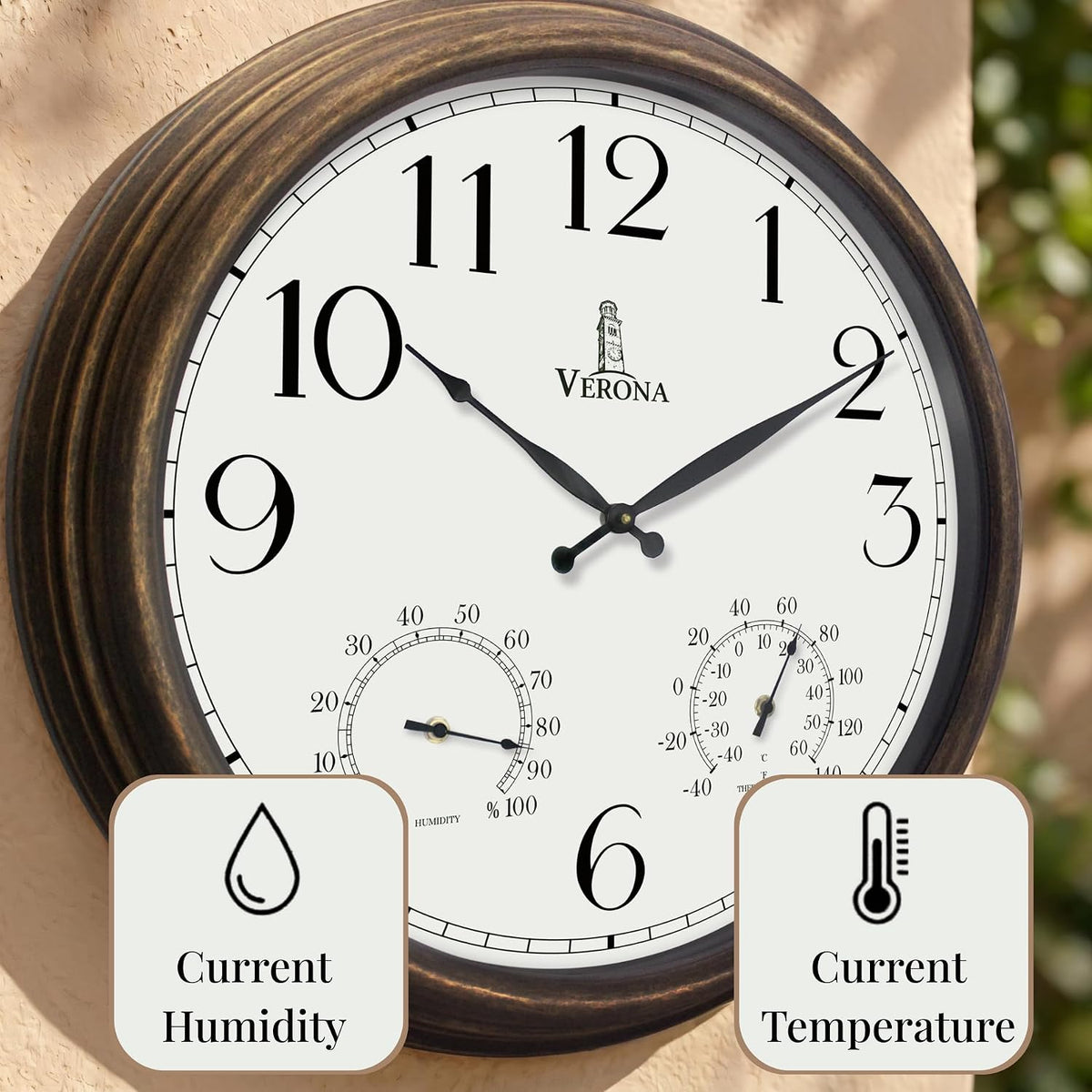 Large Outdoor Clocks for Patio Waterproof with Thermometer Combo, 18 Inch