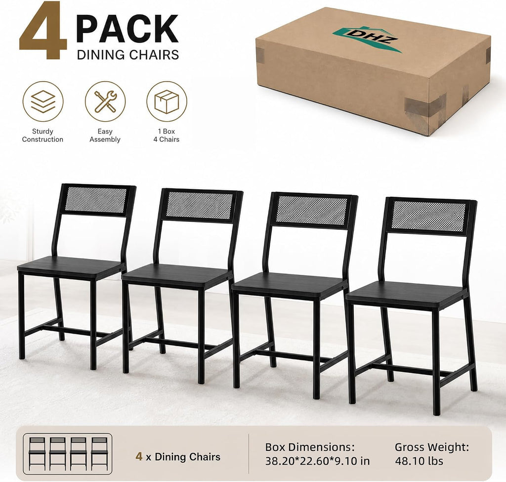 DHZ Dining Chairs Set of 4, Industrial Metal Mesh Dining Room Chairs with Breathable Grid Backrest & Sturdy Steel Frame, Modern Black Kitchen Chairs for Dining Table, Living Room, Apartment (Black)