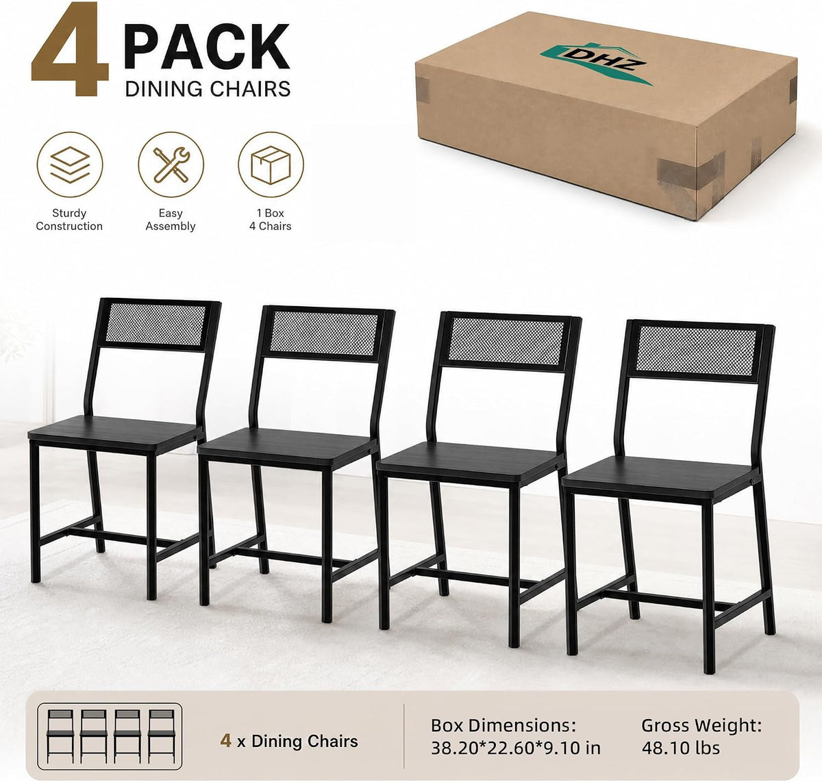 DHZ Dining Chairs Set of 4, Industrial Metal Mesh Dining Room Chairs with Breathable Grid Backrest & Sturdy Steel Frame, Modern Black Kitchen Chairs for Dining Table, Living Room, Apartment (Black)