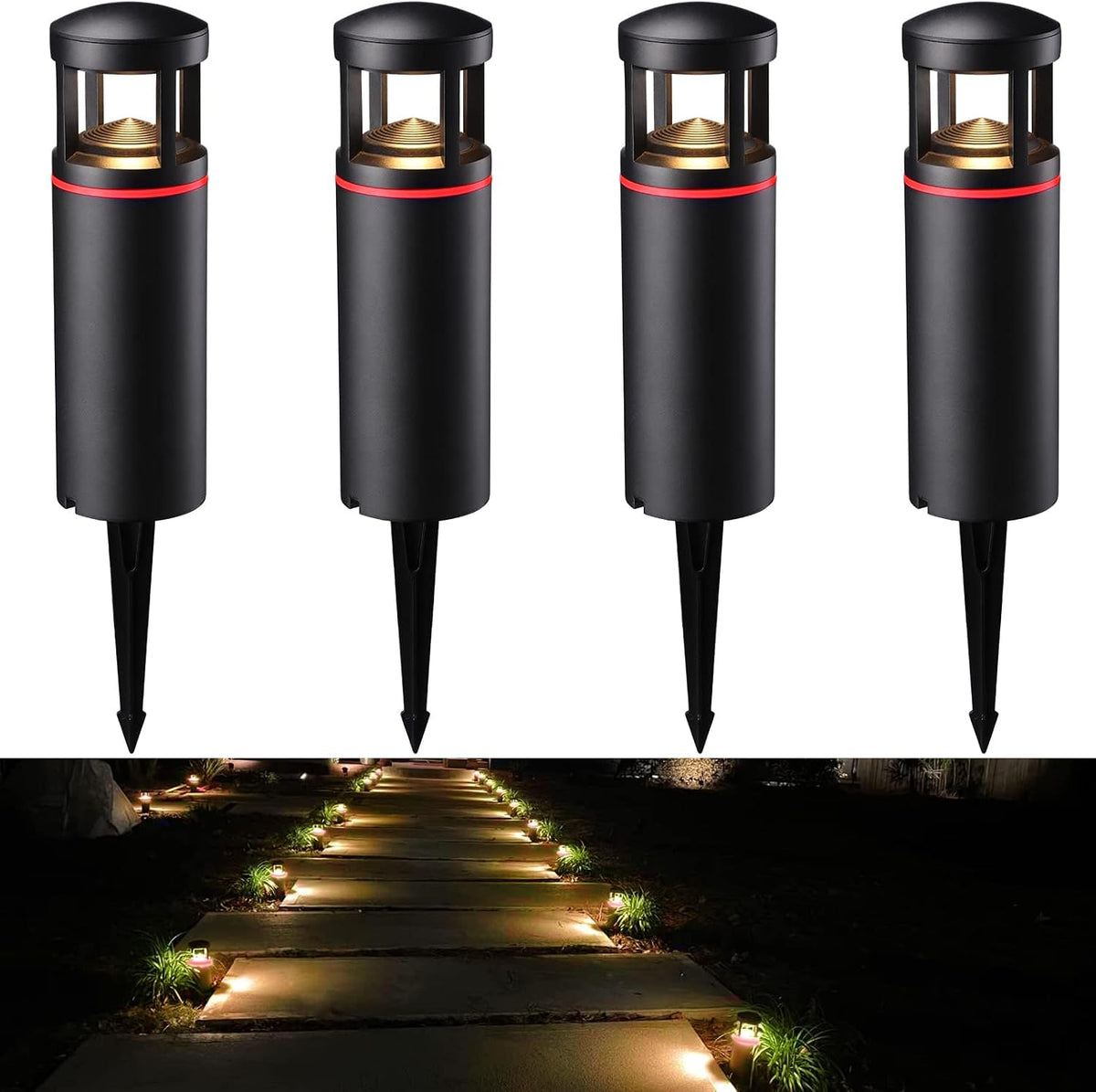 LEONLITE 4-Pack RGB Low Voltage LED Path Lights Unique Light Pattern, 3000K