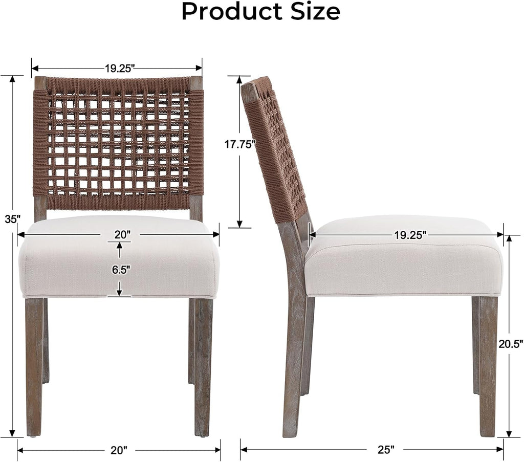 LZAREAL Farmhouse Dining Chairs Set of 4 Linen Fabric Upholstered Accent Side Chair, Mid Century Modern Kitchen & Dining Room Chairs with Woven Rope Back for Home, Living Room, Bedroom - Beige