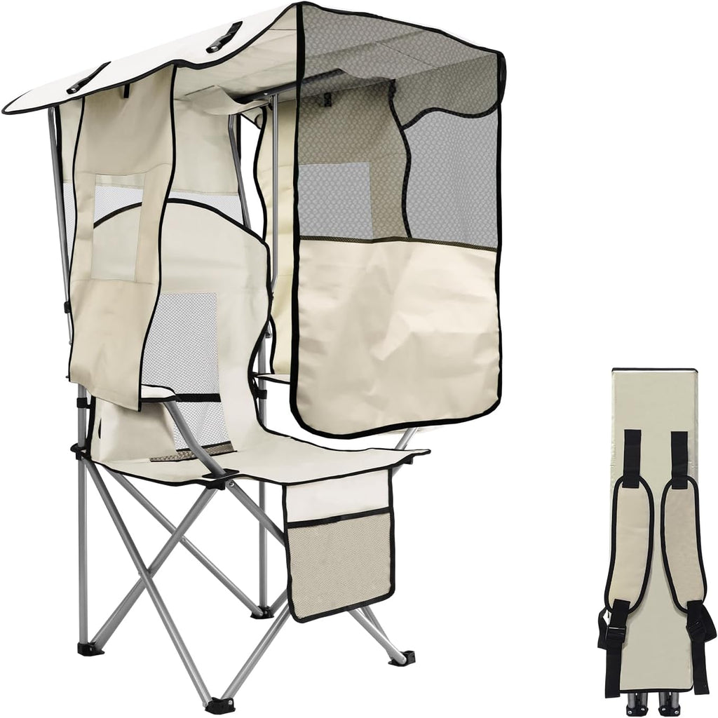 Beach Chair with Canopy Shade, Folding Camping Chair Support to 330LBS, Outdoor Chair with Cup Holder & Cooler Bag for Travel Hiking