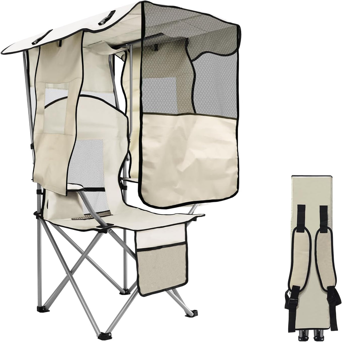 Beach Chair with Canopy Shade, Folding Camping Chair Support to 330LBS, Outdoor Chair with Cup Holder & Cooler Bag for Travel Hiking
