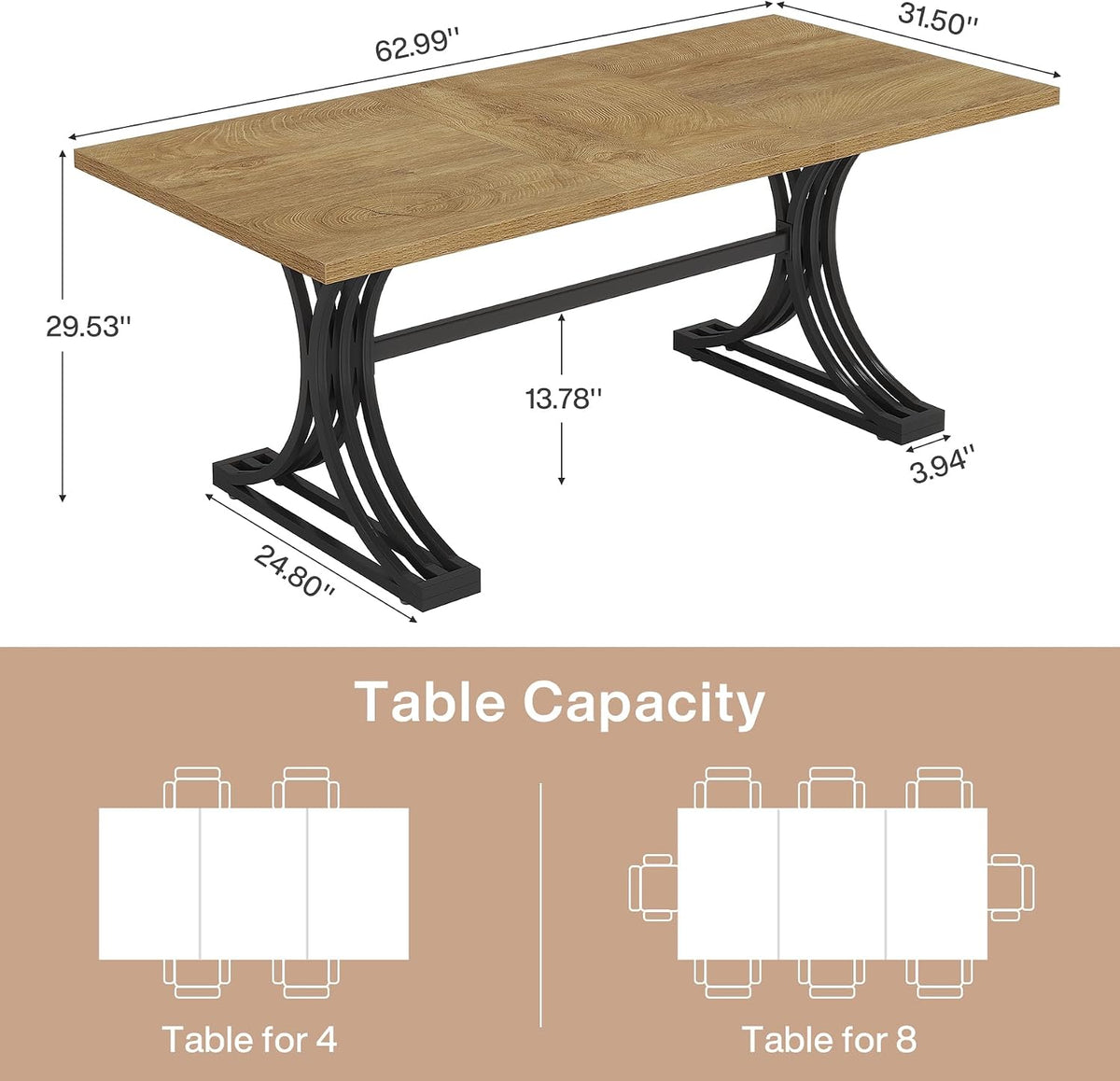 Tribesigns 63-Inch Rectangular Dining Table for 4 to 6, Modern Kitchen Table with Stylish Metal Trestle Legs, Large Dinner Table for Dining Room, Chair Not Included (Brown+Black)