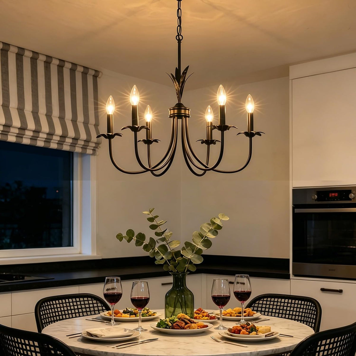 6-Light Flower Black Chandeliers for Dining Room, 26" Farmhouse Chandelier