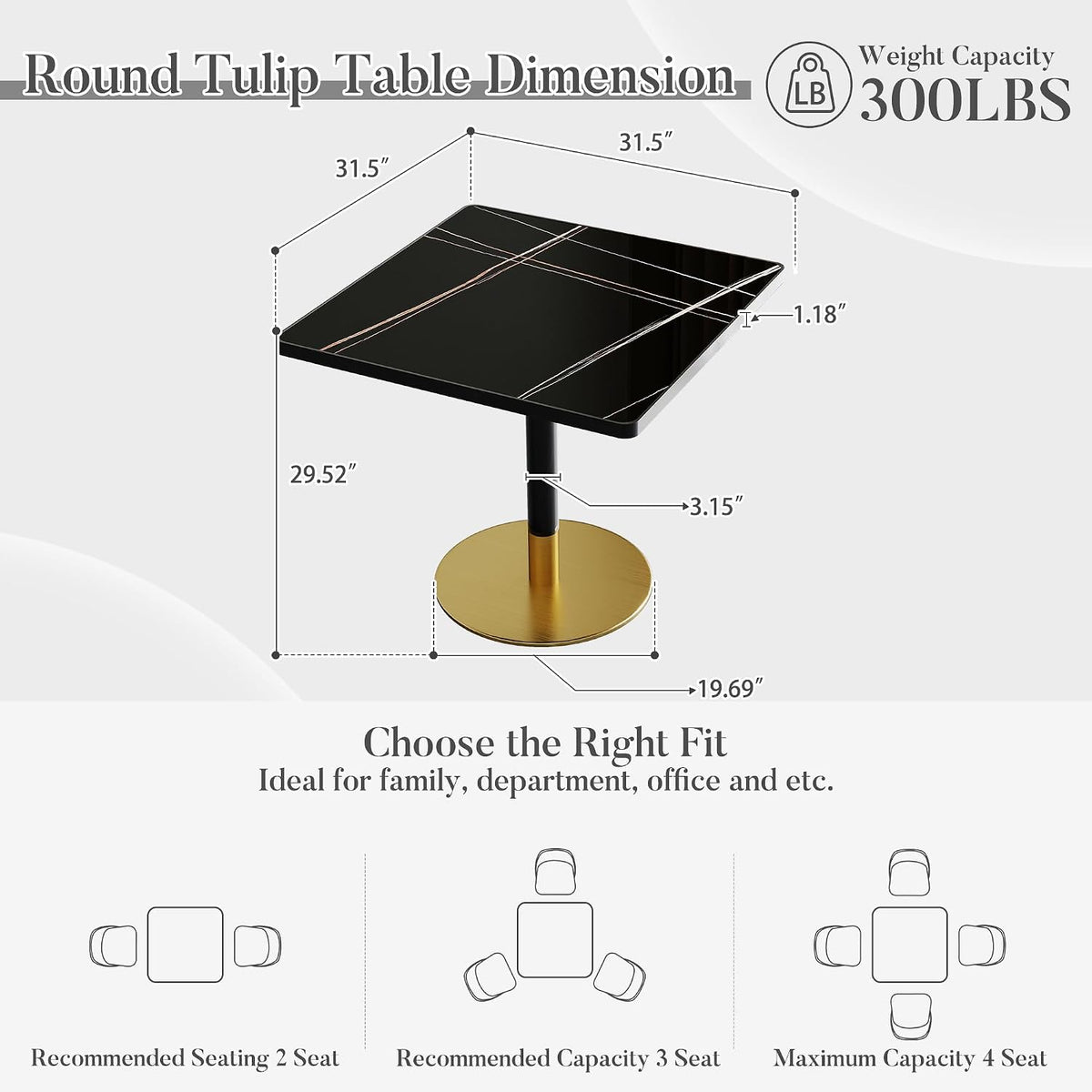 31.5'' Tulip Table, Square Dining Table with Sintered Stone Tabletop