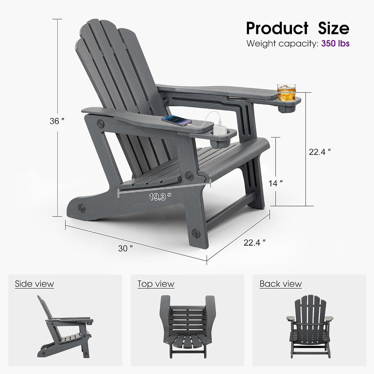 PURPLE LEAF Adirondack Chair w/Cup Holders, Wider Seat for Fire Pit, Grey