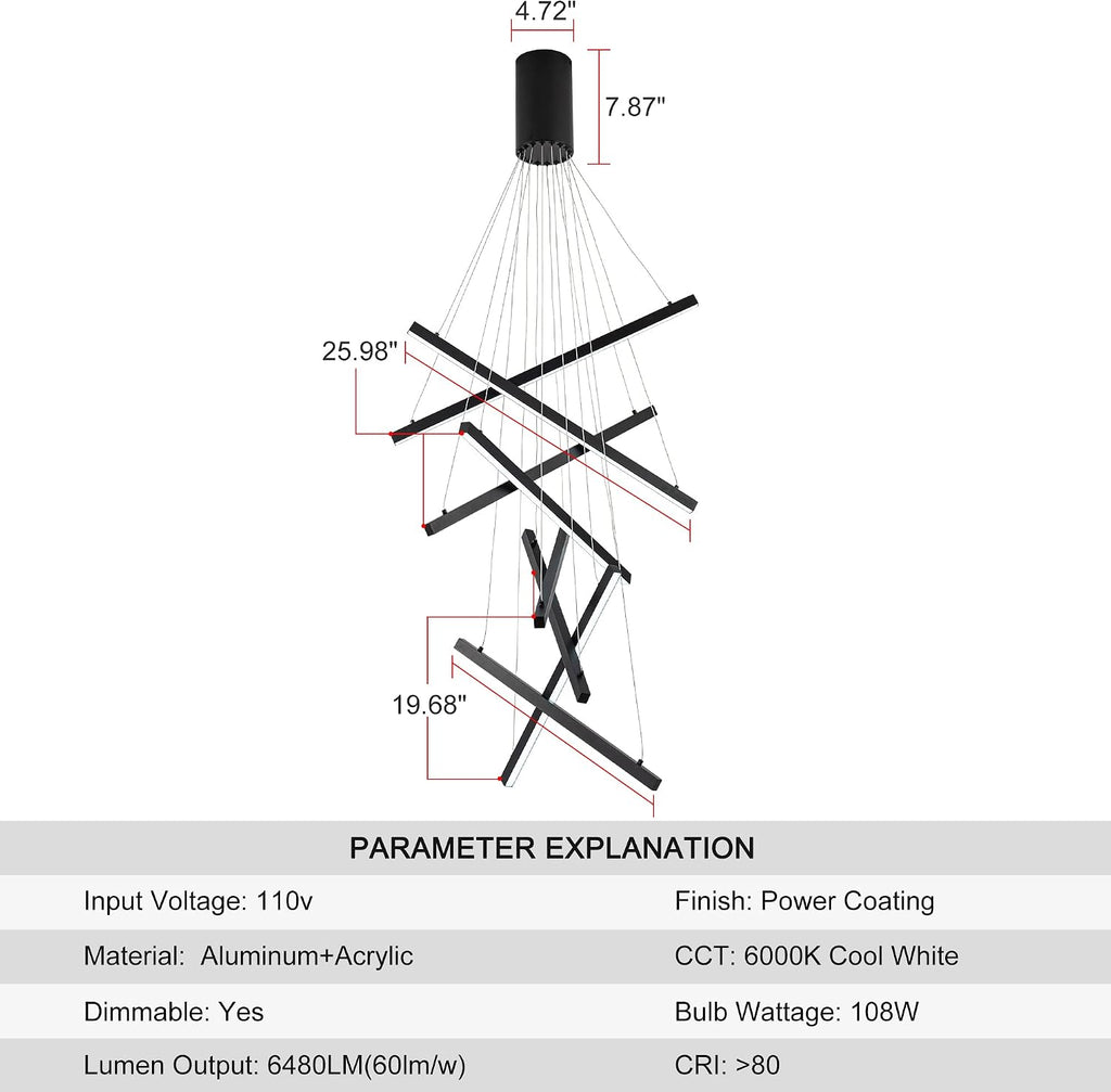 Modern Black LED 8-Light Linear Chandelier, 98.4", for High Ceilings