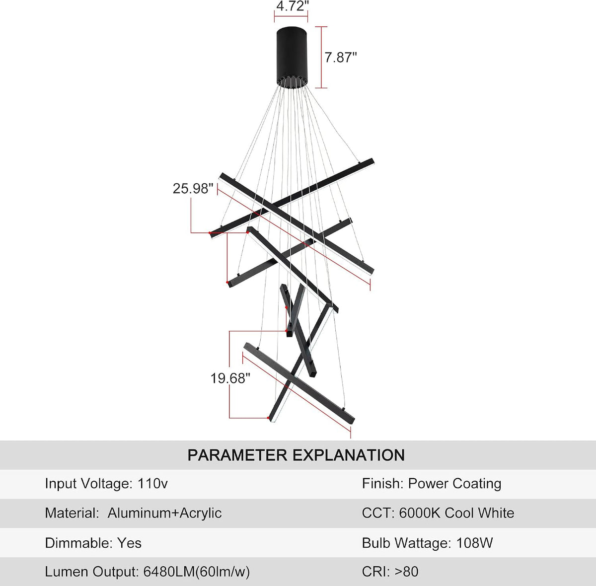 Modern Black LED 8-Light Linear Chandelier, 98.4", for High Ceilings