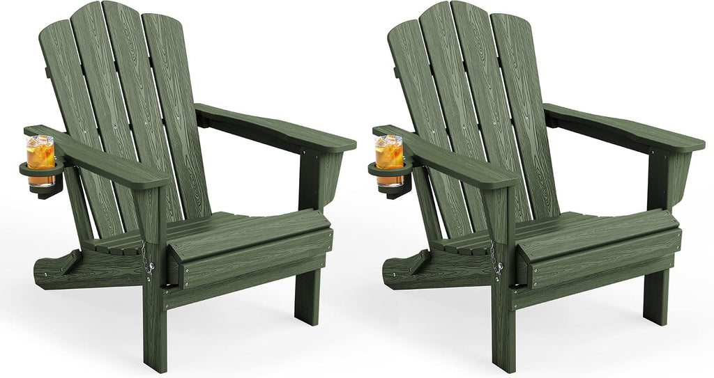 KINGYES Folding Adirondack Chair Set of 2 with Cup Holder, Avocado