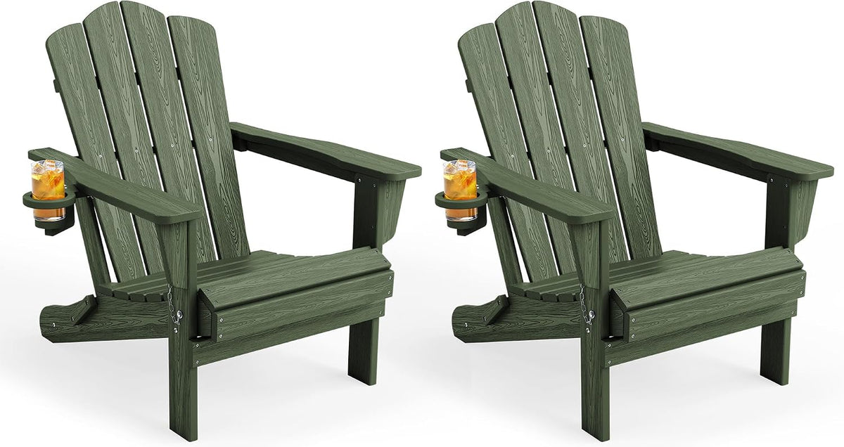 KINGYES Folding Adirondack Chair Set of 2 with Cup Holder, Avocado