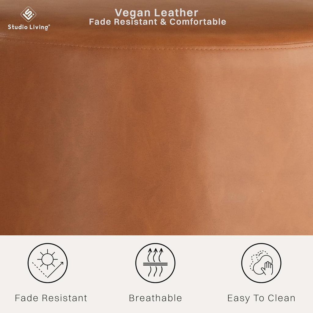Studio Living Waverly 24" Thimble Ottoman, Urban Transitional, Fully Assembled, Vegan Leather Fabric, Carmel
