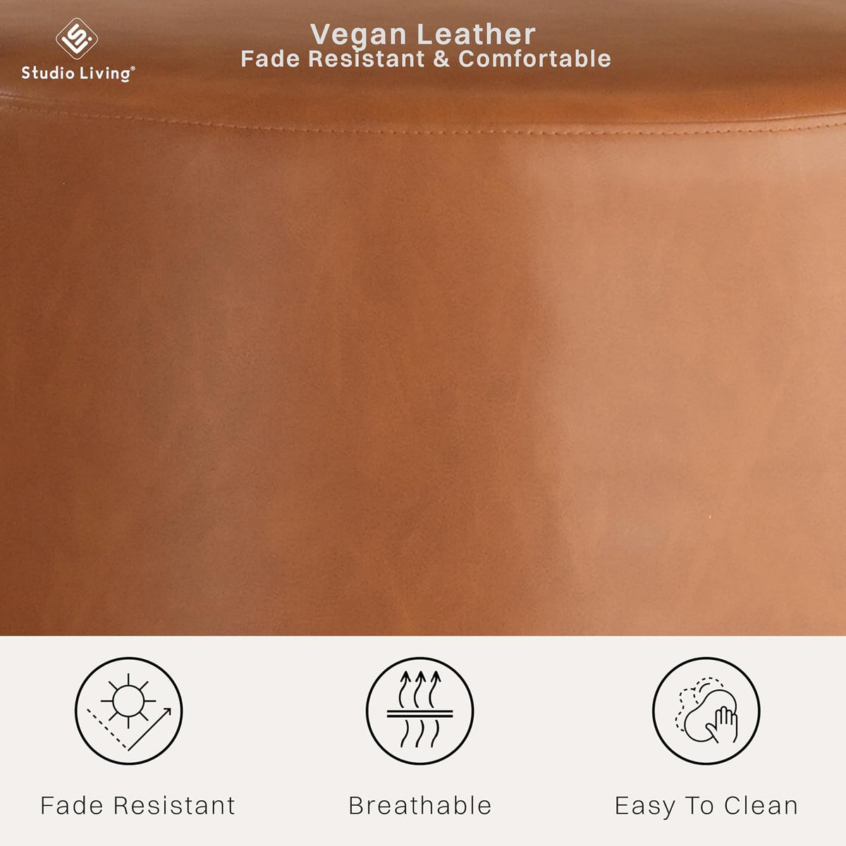 Studio Living Waverly 24" Thimble Ottoman, Urban Transitional, Fully Assembled, Vegan Leather Fabric, Carmel