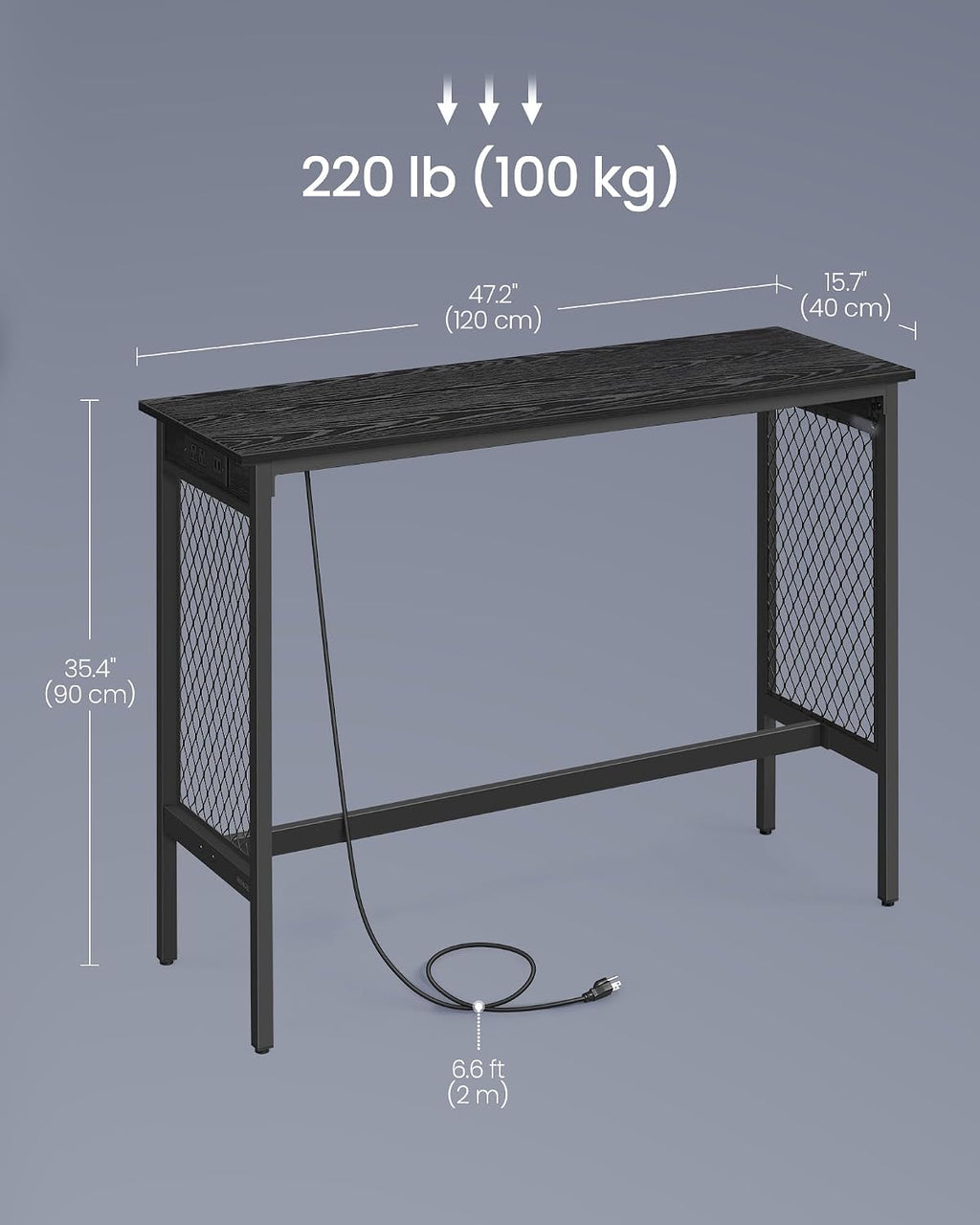 VASAGLE Bar Table with Power Outlets, LED Lights, Computer Desk, 47.2" L