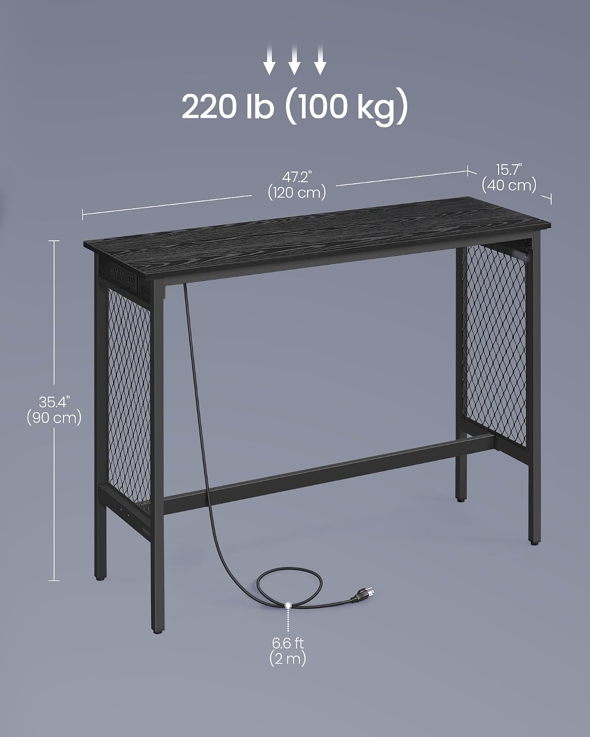VASAGLE Bar Table with Power Outlets, LED Lights, Computer Desk, 47.2" L