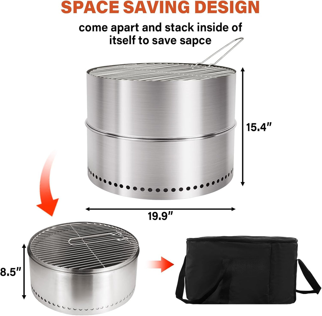 HGD 20 inch Smokeless Firepit Outdoor, Portable Smokeless Fire Pit for Camping with Travel Bag, Stainless Steel Wood Burning Stove for Backyard & Patio, Easy Setup & Compact Storage